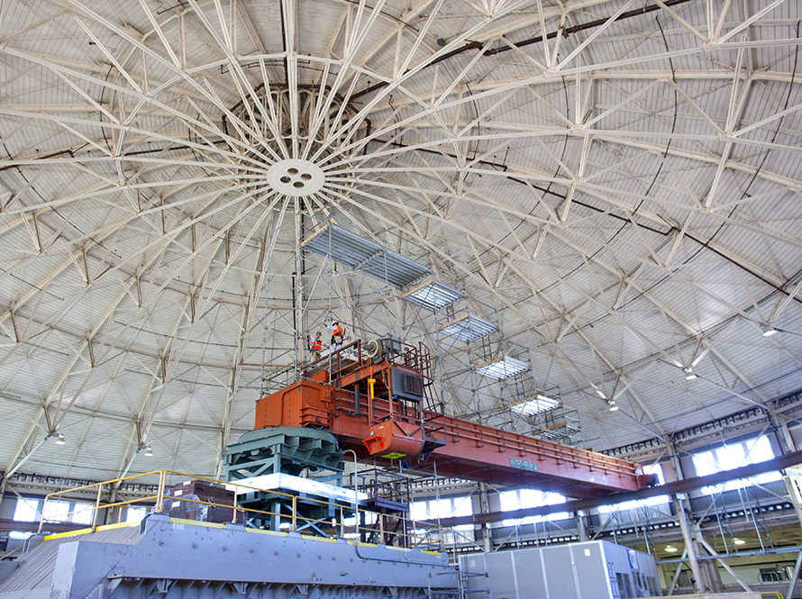Interior scaffolding on top of crane under the dome of Advanced Light Source.