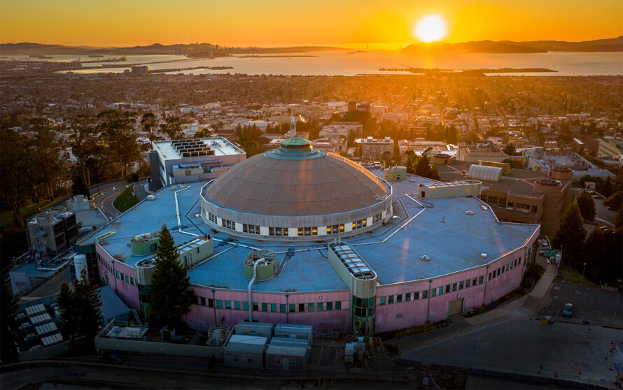 Aerial view of ALS building at sunset