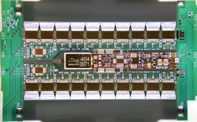 Close-up view of detector strip module components