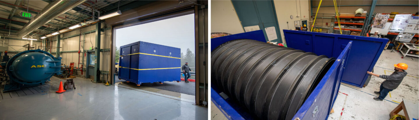 The Layer 3 Barrel being brought into the composite shop in a crate, and being uncrated by staff
