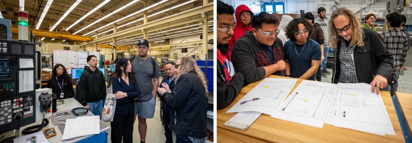 An Engineering Division technical manager shows students around the Main Machine Shop in Building 77