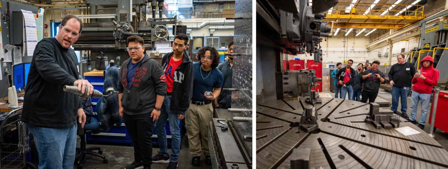 An engineering associate leads a tour for a group of high school students and shows machinery