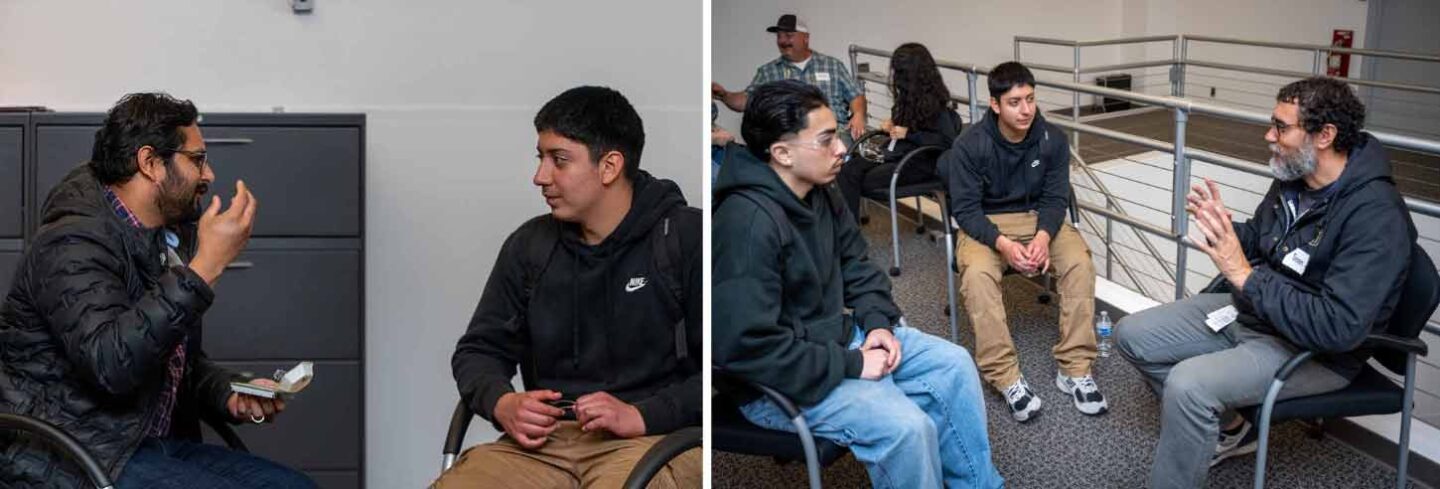 Engineers and technicians talk to high school students about current developments at the Lab