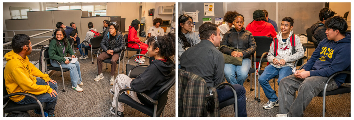 Two panel composite image of Lab professionals engage with high school students during career networking sessions at a STEM outreach event