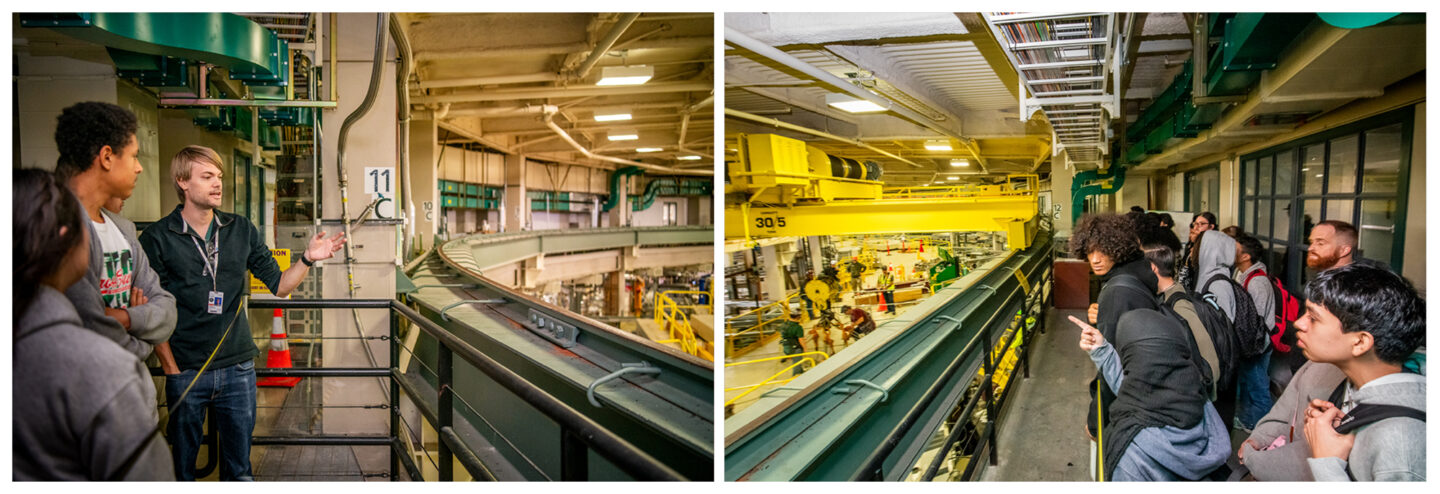 Two panel composite of students touring the main floor of the ALS facility led by a manufacturing engineer