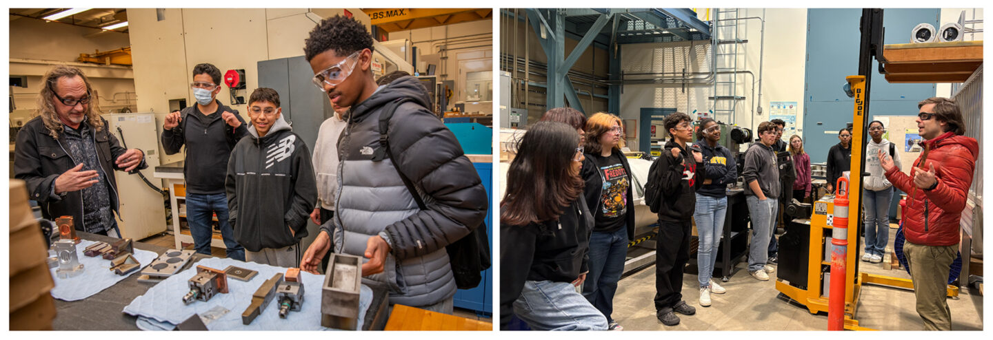 Two panel composite image where a technical manager demonstrates precision-machined components and a physicist explains superconducting magnet assembly to students