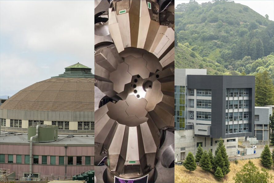 Three panel composite: ALS building, GRETA close-up, and Molecular Foundry building