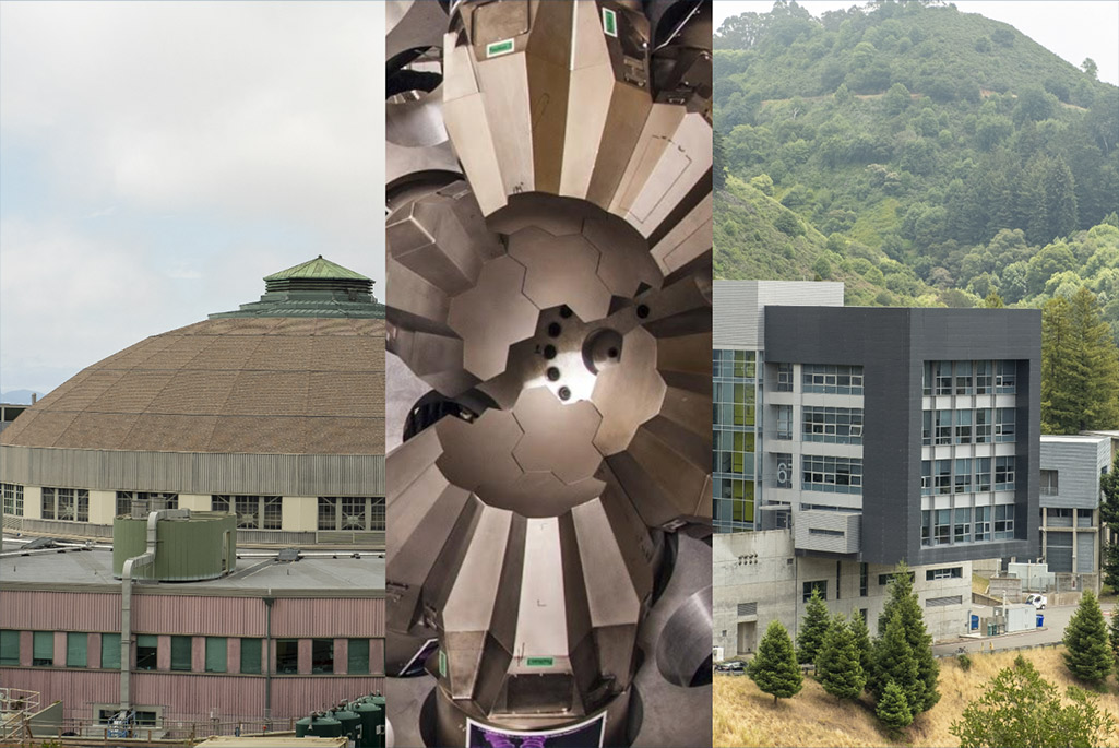 Three panel composite: ALS building, GRETA close-up, and Molecular Foundry building