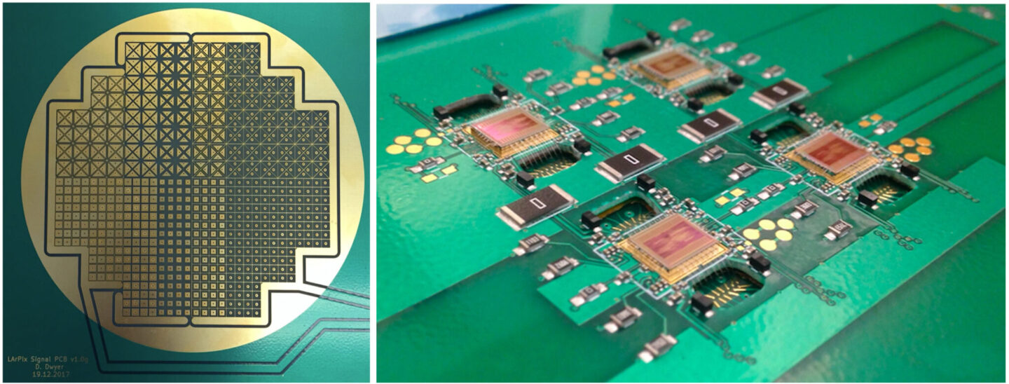 Two panel composite, front and back views of the LArPix tile prototype