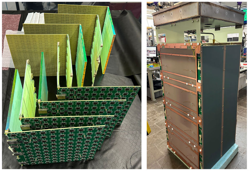 Two panel composite: LArPix tiles and the light detectors that assemble them; a prototype before installation at the University of Bern