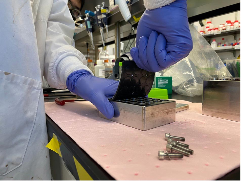 An example of the lid used in an early design of the small batch reactor. One gasket sealed all 24 wells within the device.