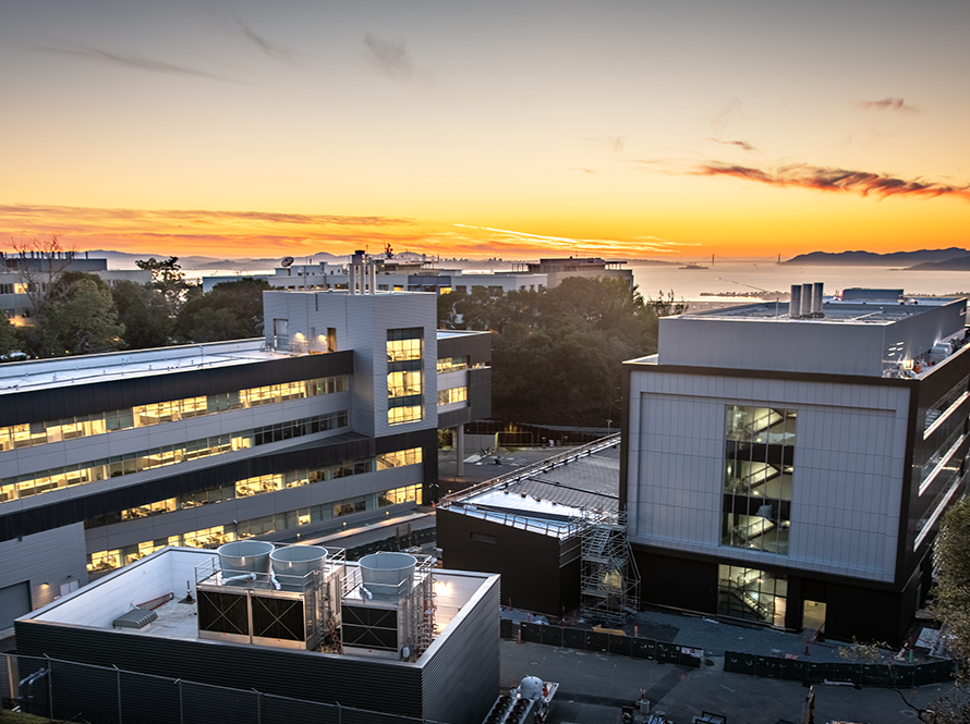Aerial view of the Engineering building against a setting sun.