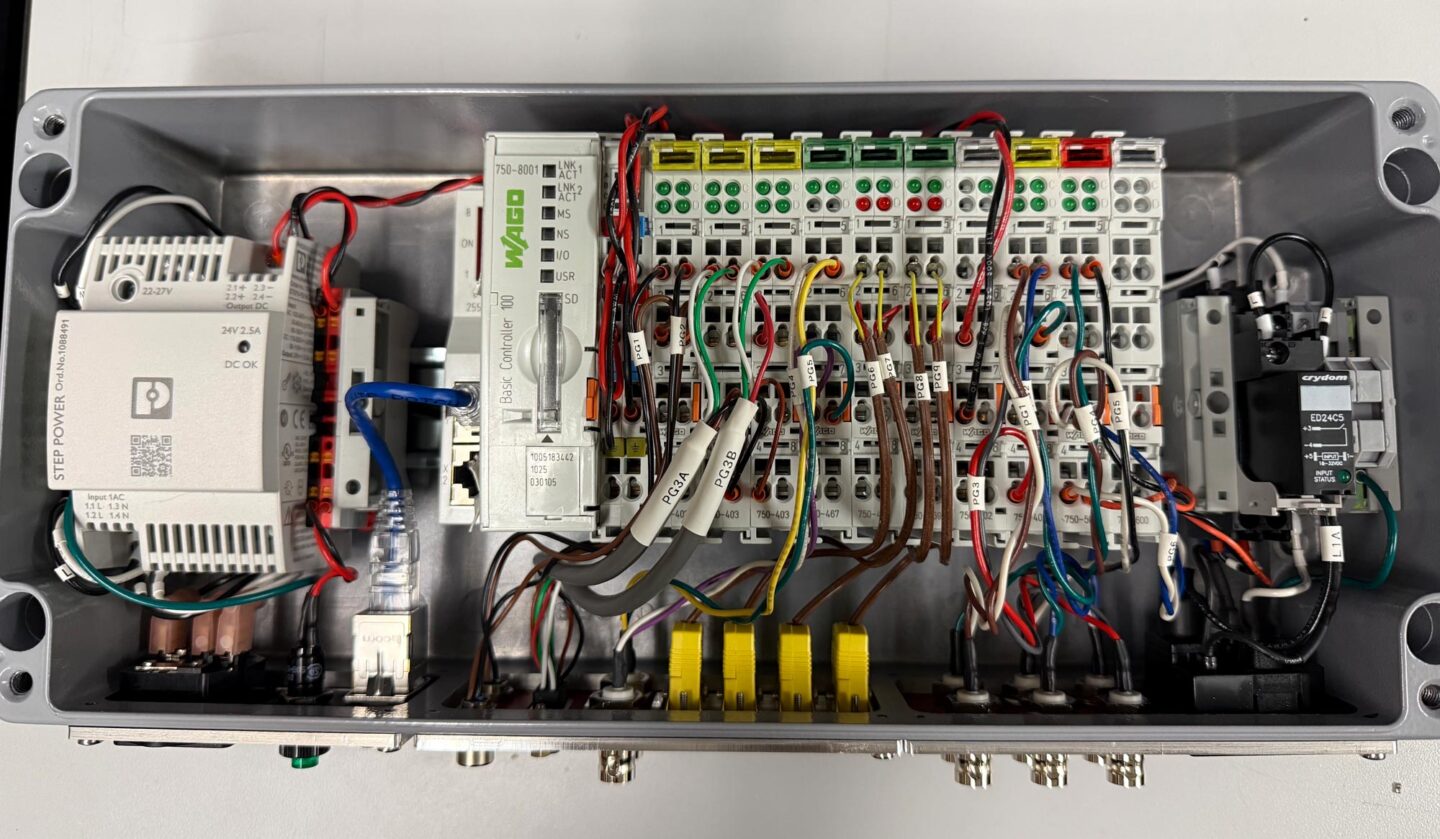 The interior of the box, featuring carefully designed cable management. Space is limited inside the box, so parts are strategically placed to optimize cabling and wire routing.