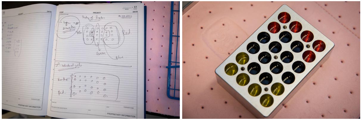 Early design notes for the custom small-batch chemical reactor (left) and a prototype small-batch reactor filled with sample liquid to test the performance of the device (right).
