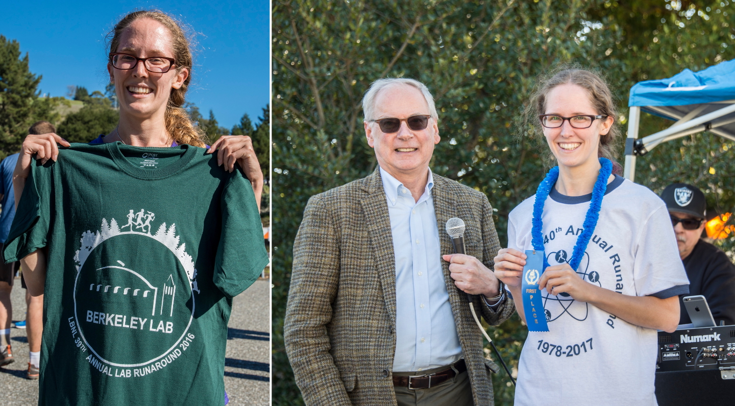 Jennifer Doyle at the 39th Annual Lab Runaround in 2016 (left) and at the 2017 runaround with James Symons, former Associate Lab Director of the Physical Sciences Area, (right).