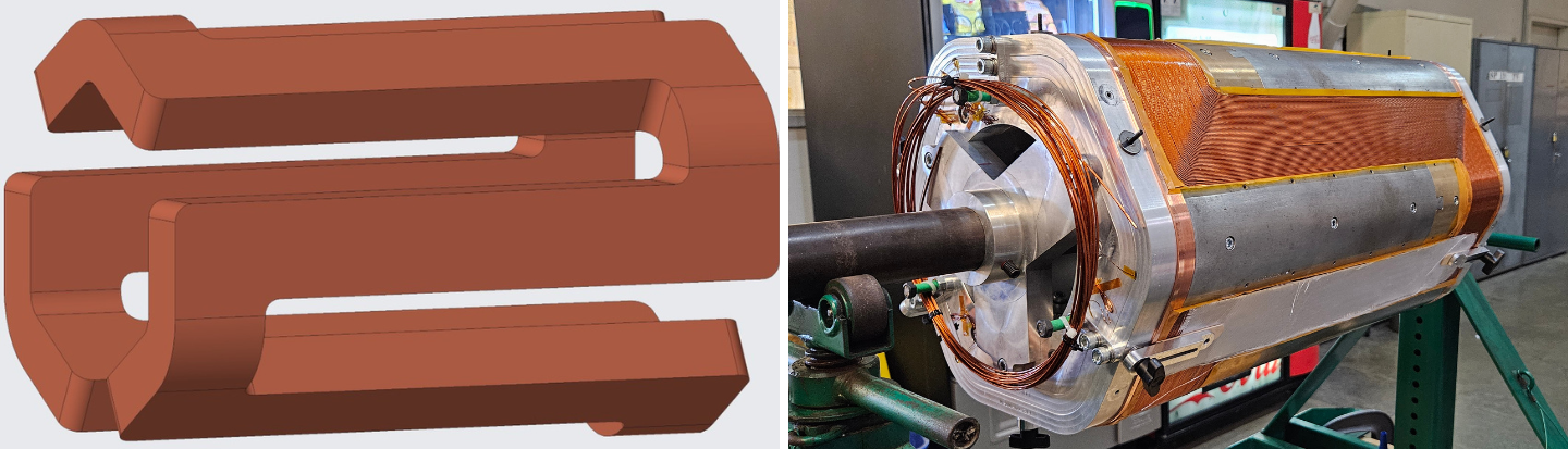 On the left is a CAD image of the CLC MARS-D magnet design, with wire looping back and forth and changing direction across the mandrel surface, on the right is a photo of the completed CLC, showing the Nb-Ti winding path.