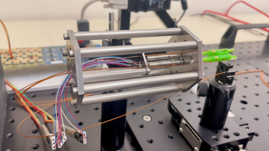 An up close view of the prototype set up for the Iris fiber-positioning robot.