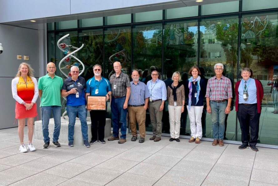 The 2026 Engineering Division retirement cohort is pictured with Division and Area leadership. From left: Amanda Krieger, Rick Bloemhard, Gordon Lyall, Bill Holmquist, James Swanson, Tom Lipton, Mike Barry, Physical Sciences Area Associate Lab Director Natalie Roe, Engineering Division Director Daniela Leitner, Farhad Salmassi, and Ross Schlueter. Not pictured: Michelle Hesselman and Rick Kraft.