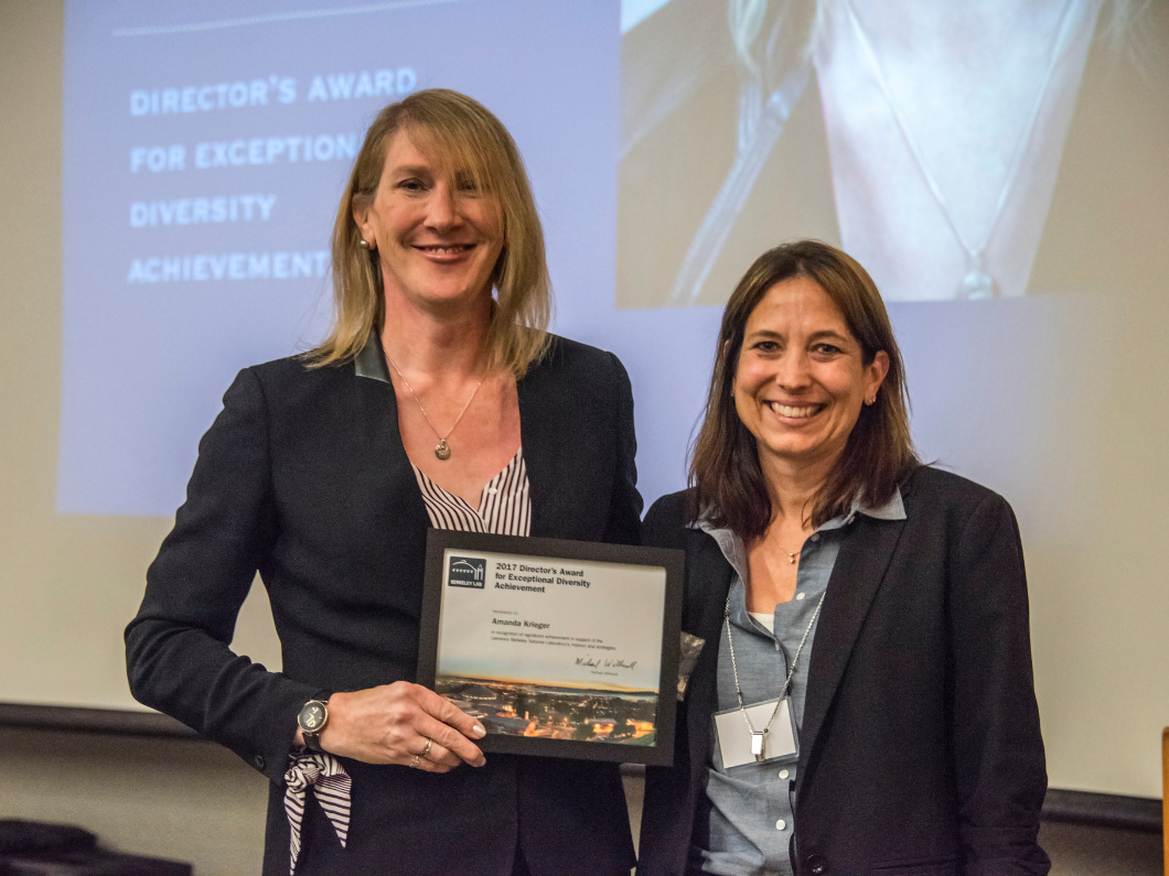 Amanda Krieger (left) at the 2017 Director’s Award ceremony at Lawrence Berkeley National Laboratory where she was recognized for her stewardship efforts.