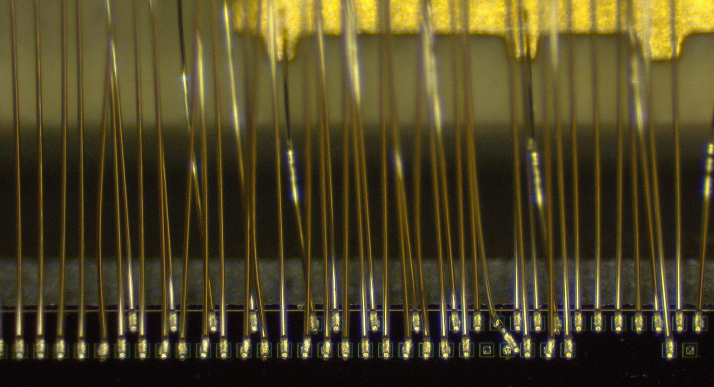 A close up of wire bonding work for VeryFastCCD done in Berkeley Lab’s Engineering Division by Phathakone Sanethavong.