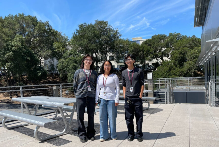 Engineering Division Student Assistants Kevin Wolf (left), Hannah Zheng (middle), and Alex Kim (right) on the Building 91 balcony at Berkeley Lab after touring the Lab’s machine shops.