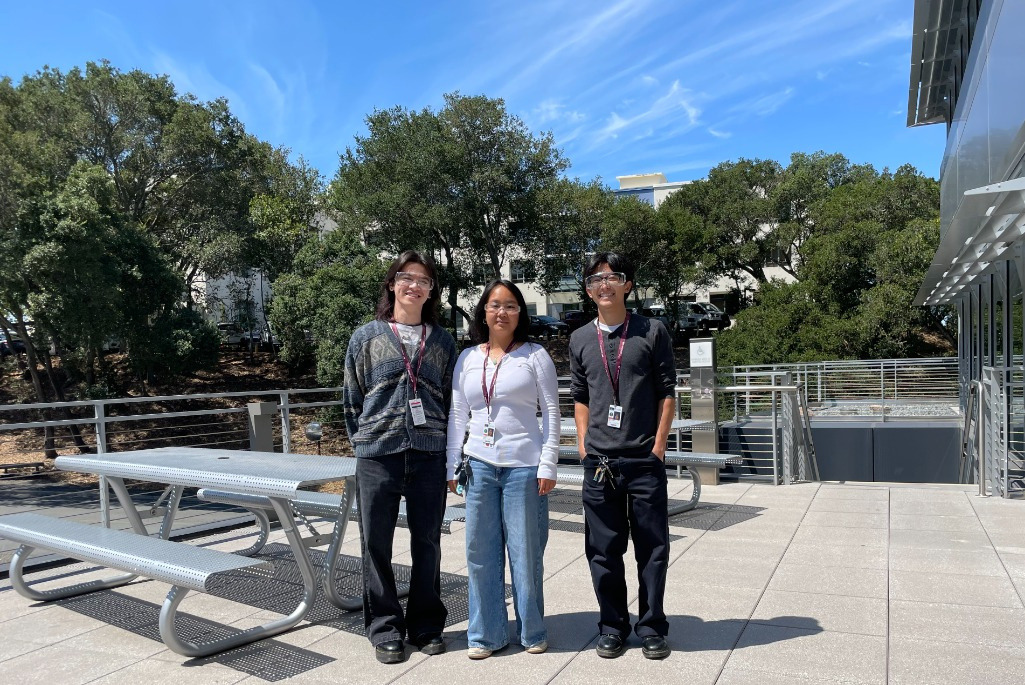 Engineering Division Student Assistants Kevin Wolf (left), Hannah Zheng (middle), and Alex Kim (right) on the Building 91 balcony at Berkeley Lab after touring the Lab’s machine shops.