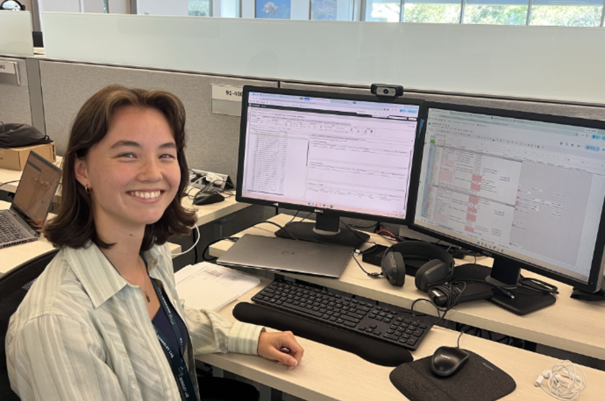 Maya Dughi at her desk on Berkeley Lab Campus.