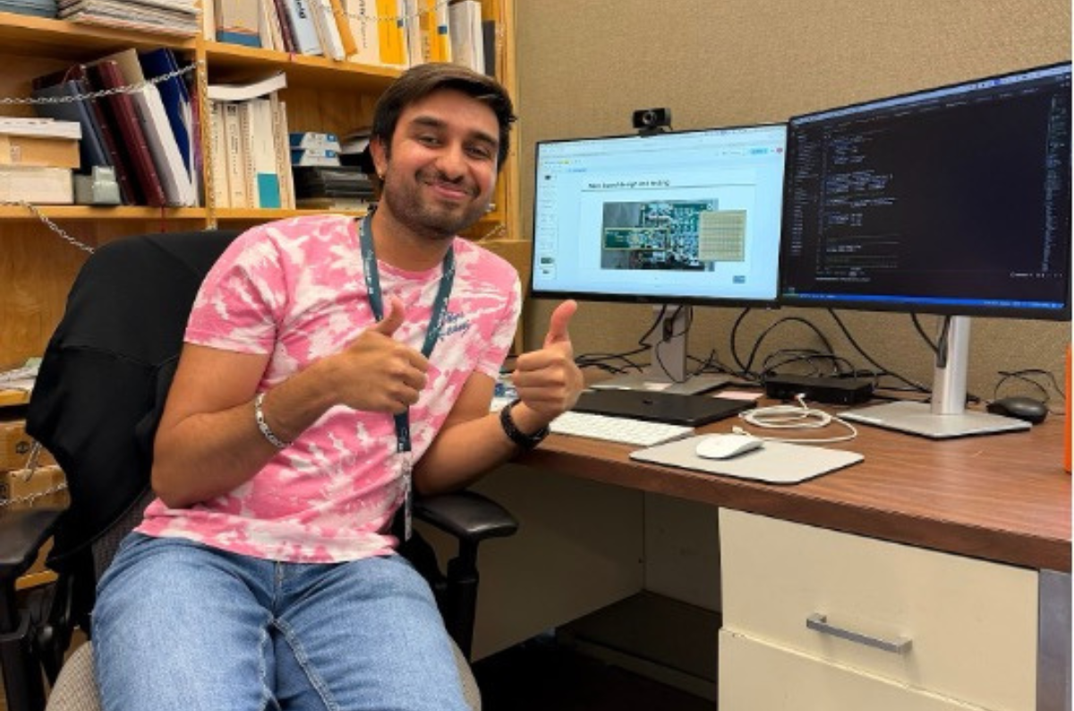 Yashas Bharadwaj at his desk on Berkeley Lab Campus.