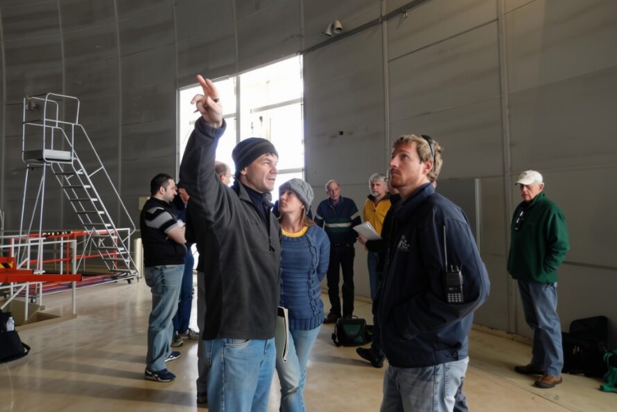 Bobby Besuner speaks with National Optical Astronomy Observatory Engineer Patrick Dunlop at Kitt Peak, the eventual installation site for DESI (April 2014).