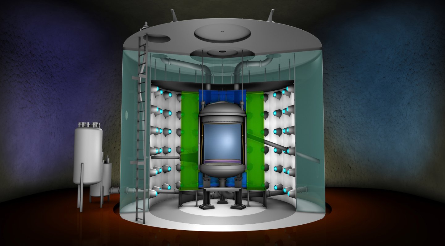 A rendering of LZ, which uses a cylindrical chamber full of liquid xenon to search for dark matter.